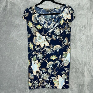 7th Avenue XL Shirt Top Navy Blue Floral lCap Short Sleeve Criss Cross V Neck